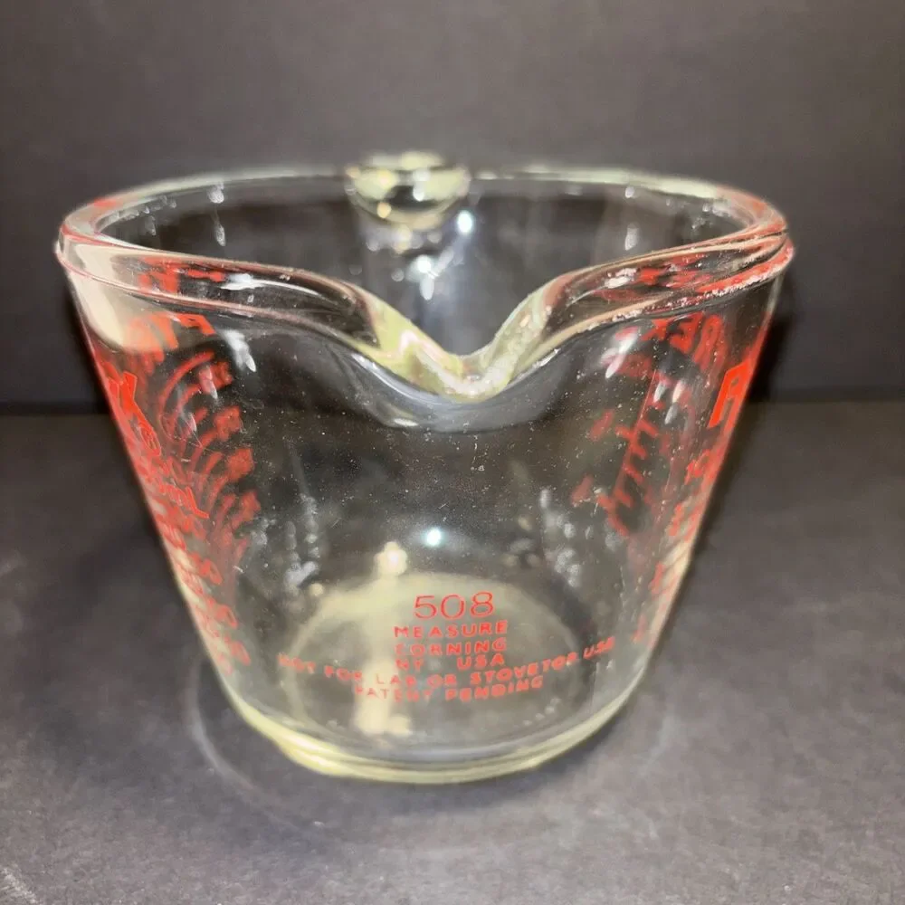 Pyrex 1 Cup Clear Measuring Cup with Red Graphics Oven Safe Made in USA